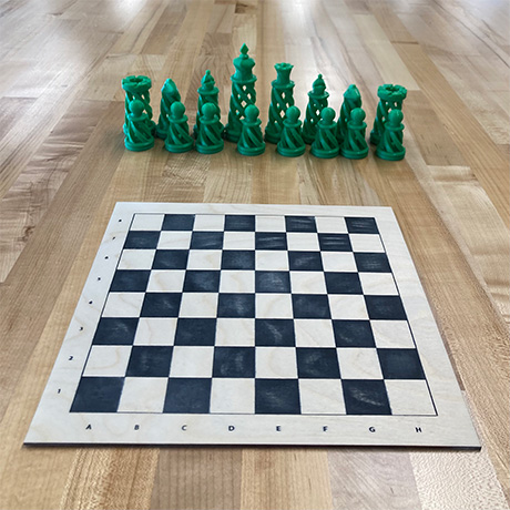 3D printed chess set with laser engraved chess board 